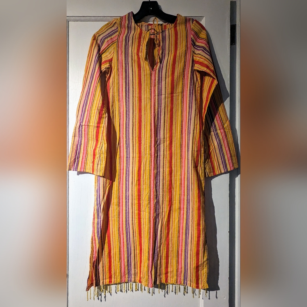 Women's Multicolor Vertical Striped Kaftan Dress W/Beaded Bottom, Bell Sleeves.